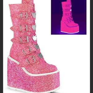 Demonia platform glitter heart buckle boots